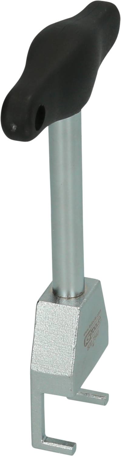 Ein silberfarbener Haken mit einem schwarzen, ergonomischen Griff, geeignet zum Greifen oder Ziehen von Gegenständen.