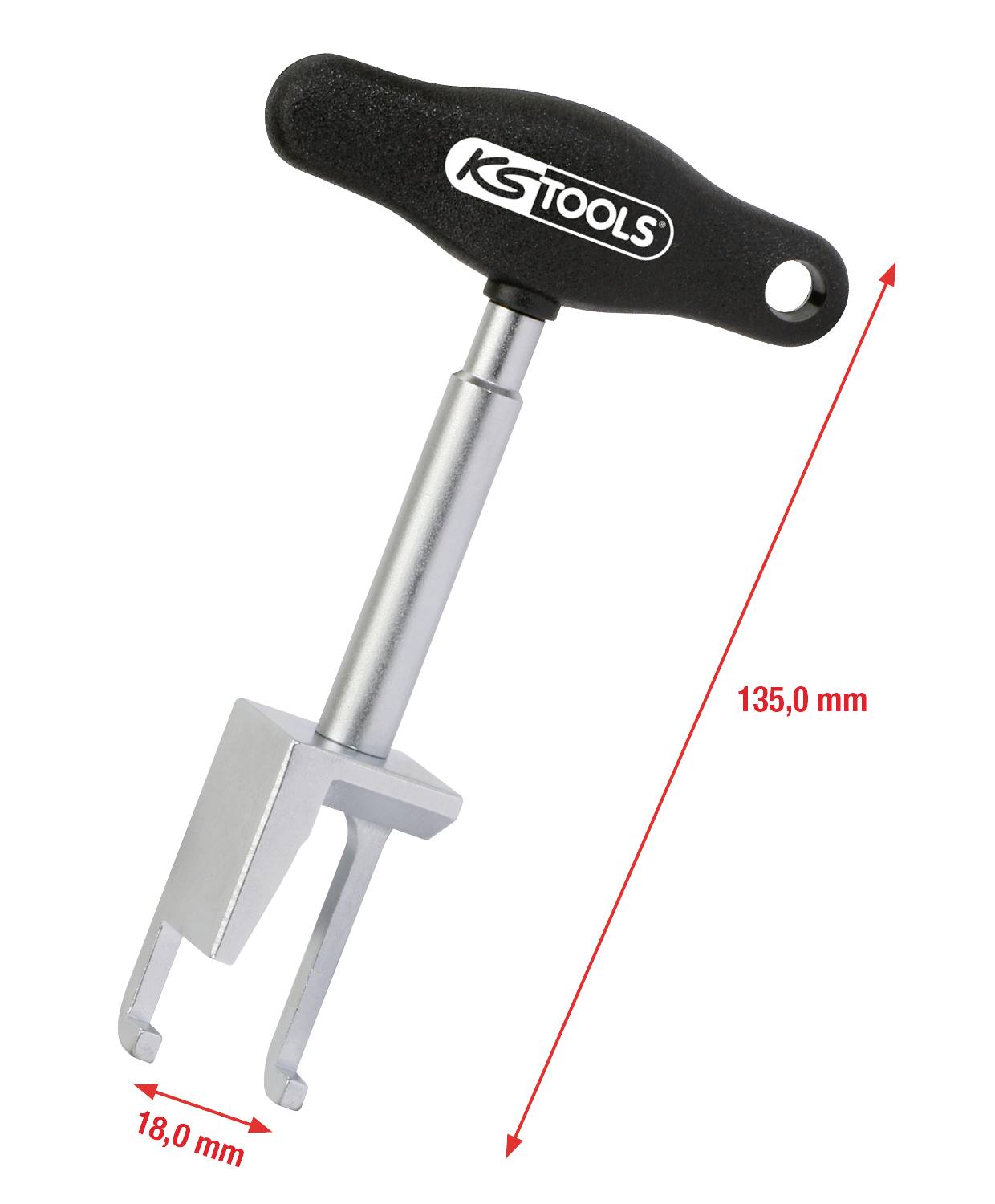 Ein Werkzeug mit T-Griff und zweiseitigem Ende aus Metall ist 135 mm lang und 18 mm breit. Markenname 'KS TOOLS' auf dem Griff.