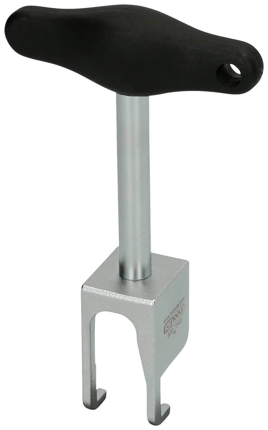 Ein silbernes Fahrradwerkzeug mit T-förmigem Griff und Gabelende zur Entfernung von Schraubkassetten.