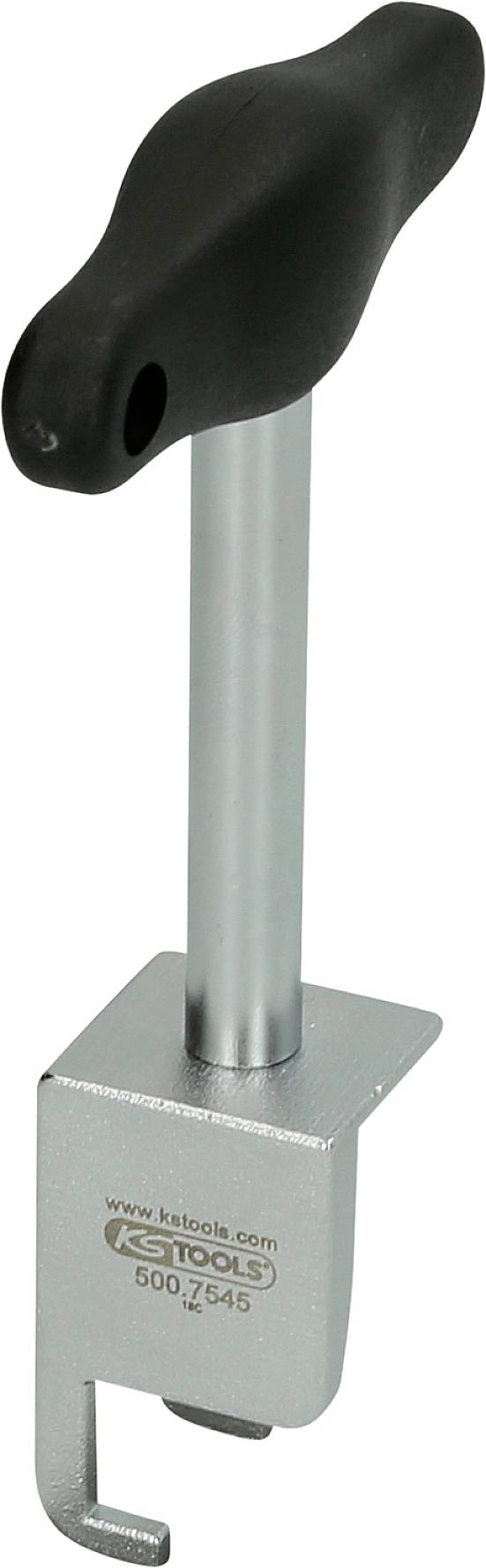 Ein silberner Spannbügel von KS Tools mit schwarzem T-Griff, Artikelnummer 600.7545, verwendet zum Halten von Lagerdeckeln.