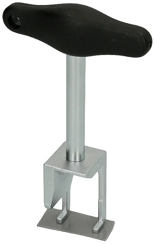 Ein robuster Griff mit langem silbernen Stab und metallischem Ende. Der Griff ist schwarz und ergonomisch geformt.