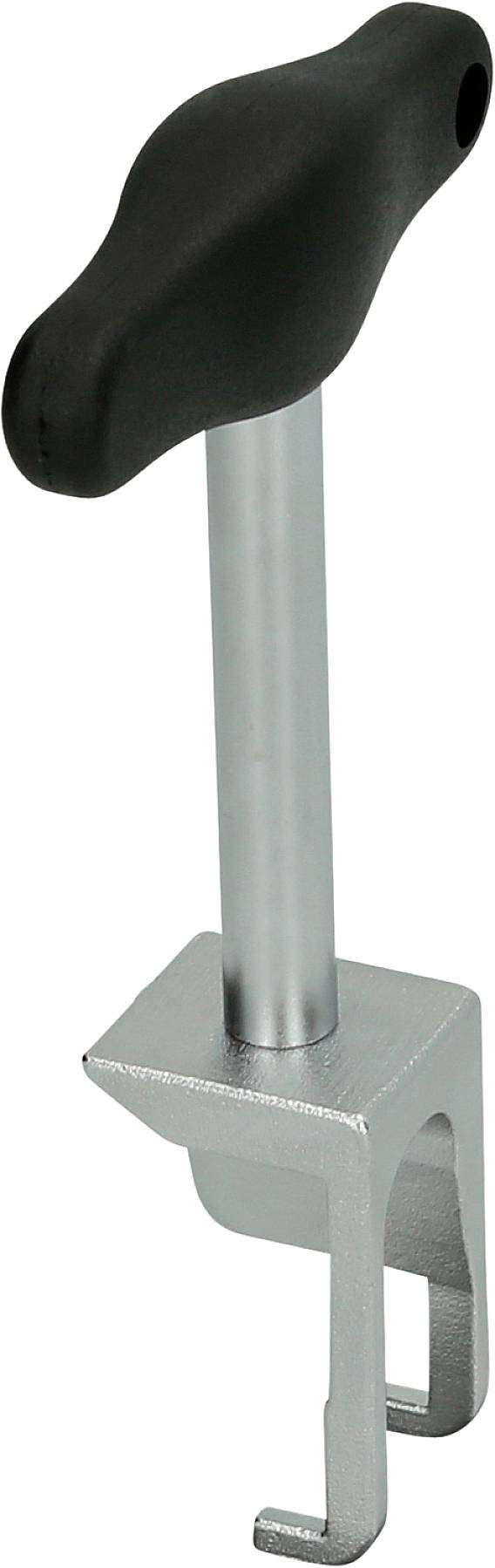 Ein Metallwerkzeug mit einem schwarzen, T-förmigen Griff und einem Haken am unteren Ende, vermutlich für Reparaturen oder Montagen.