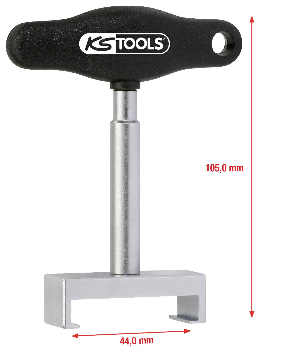 Ein T-förmiges Werkzeug von KS Tools mit einer Länge von 105,0 mm und einer Breite von 44,0 mm, dargestellt mit roten Pfeilen und Maßangaben.