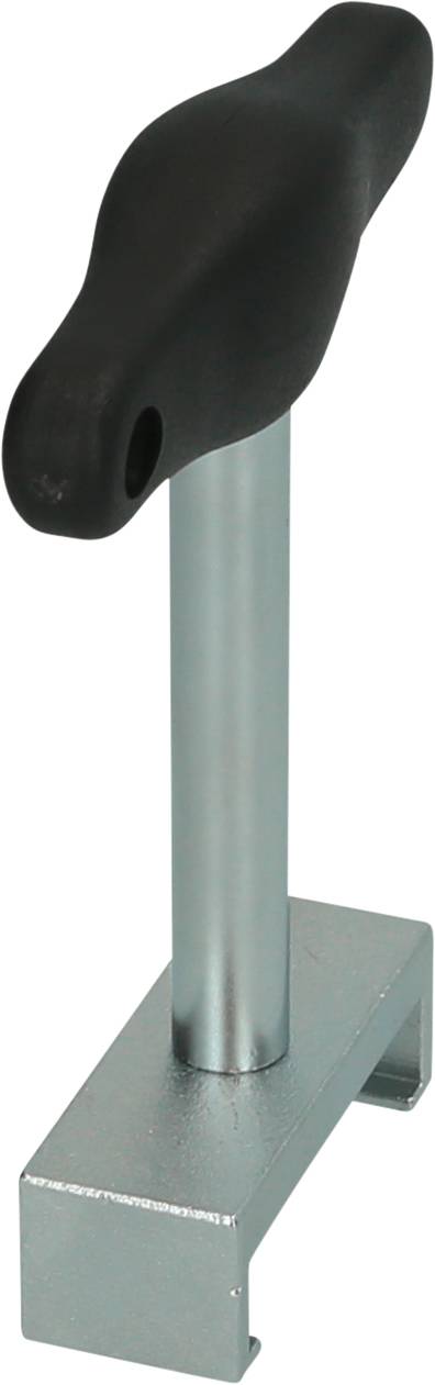 Ein metallischer Halter mit T-förmigem Griff aus schwarzem Kunststoff, der Vertikalität und Funktionalität symbolisiert.