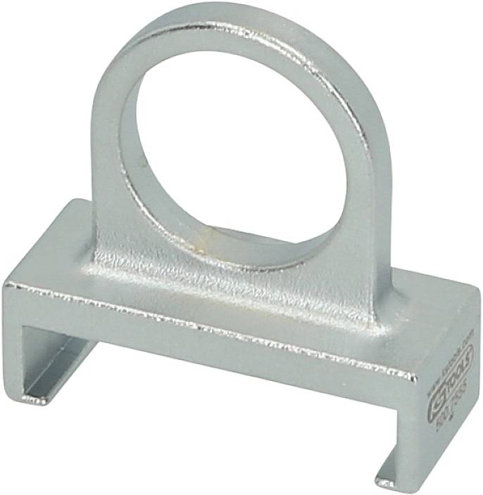 Ein silbernes, rechteckiges Metallteil mit einer runden Öffnung oben, vermutlich zur Befestigung oder als Halterung gedacht.