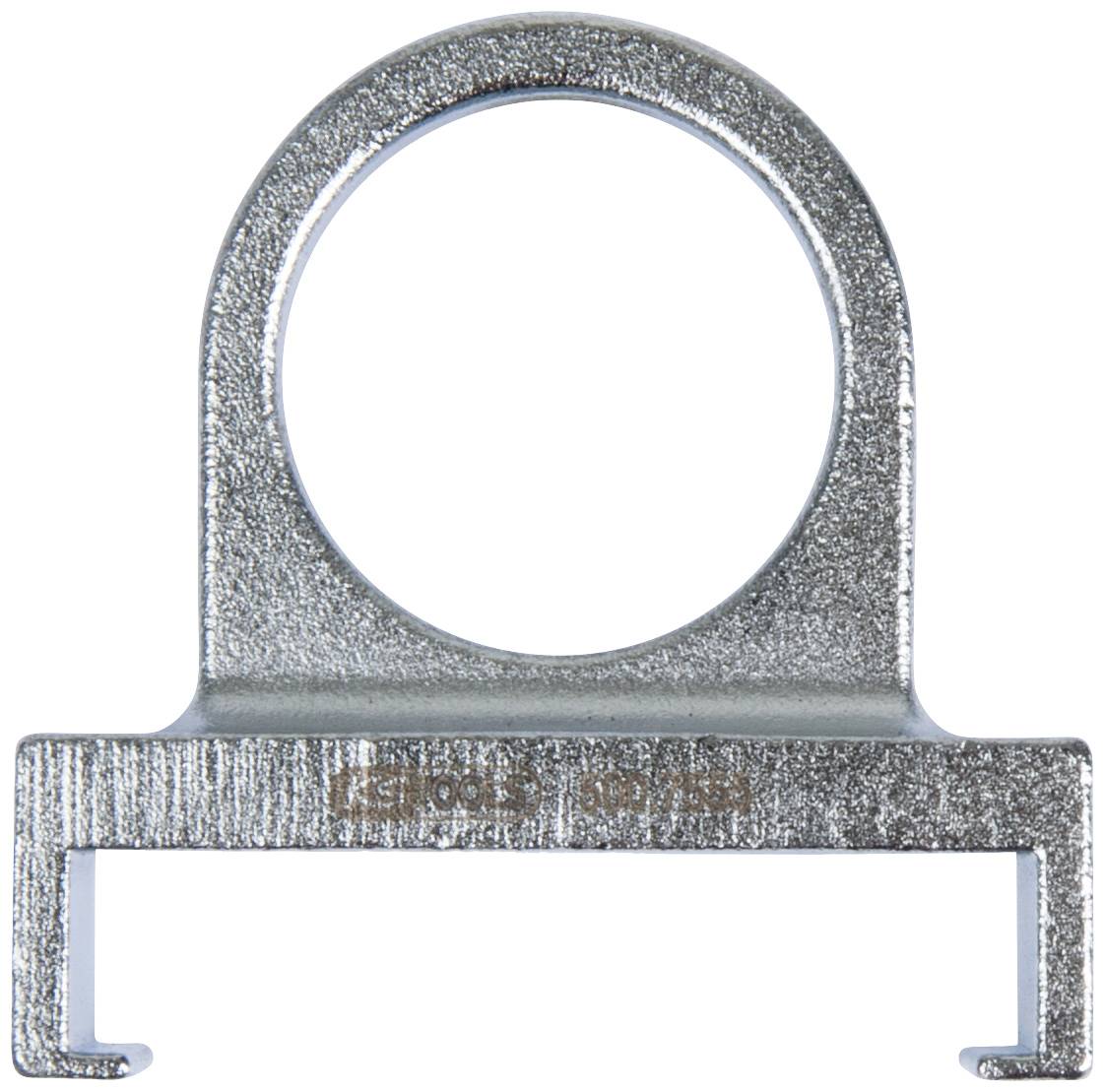 Metallklammer mit rundem Loch oben, wahrscheinlich für Kabelmontage. Unten befinden sich zwei seitliche Haken zum Befestigen.