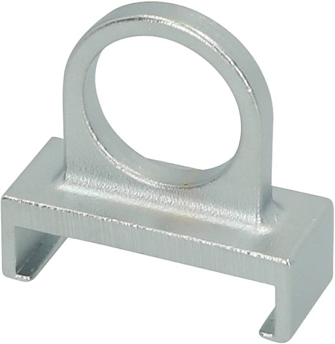 Metallische Befestigungshalterung mit ovalem Ring, oft zum Einsatz in Maschinen oder Bauprojekten.