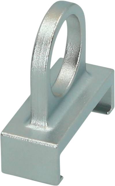 Metallischer Regalbodenhalter mit Haken für rohrförmige Strukturen, silbern glänzend, ermöglicht stabile Montage von Regaloberflächen.