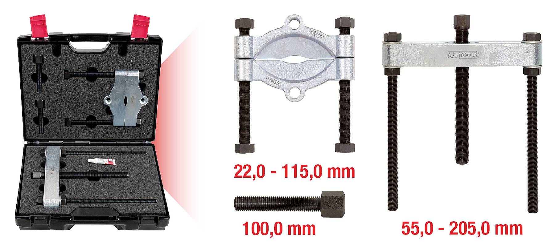 Ein Werkzeugset mit Abziehern in einem offenen Koffer. Drei Abzieher enthalten, auf Massskala von 22-205 mm.