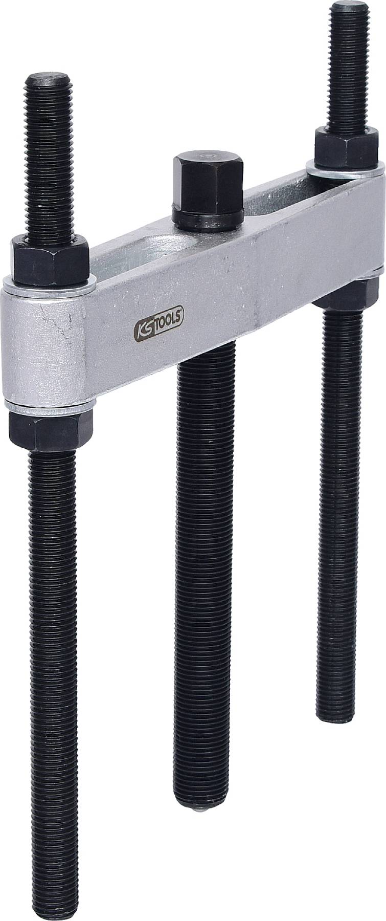 Metallischer Abzieher mit drei Schrauben und einer oberen Querstange, verwendet zum Entfernen von Lagern oder Radnaben. Markiert mit 'KS Tools'.
