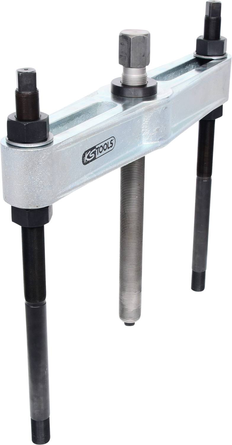 Ein dreiteiliger Abzieher mit KS Tools Logo, bestehend aus einer Metallbrücke und drei Schrauben, zur Montage oder Demontage mechanischer Teile.