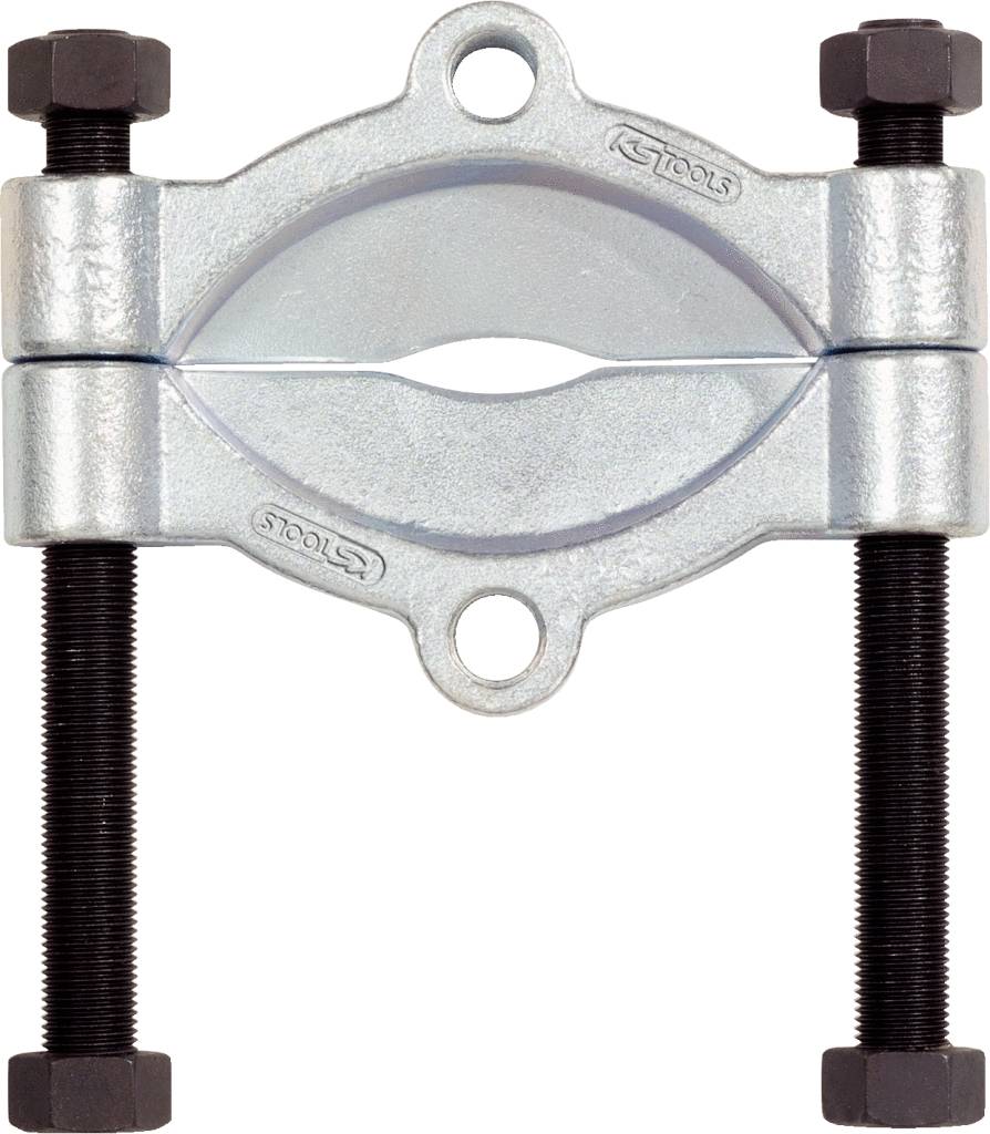 Zwei verschraubte Metallklemmen mit schwarzem Gewinde, verbunden durch zwei lange Schrauben.