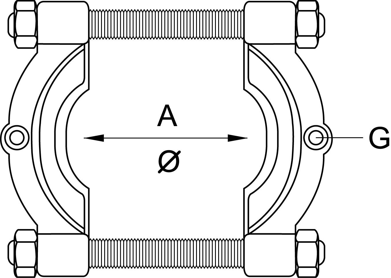 Technische Zeichnung einer Rohrschelle mit zwei Schrauben und Muttern. Beschriftet mit 'A' für Länge und 'Ø' für Durchmesser, 'G' zeigt einen Punkt.