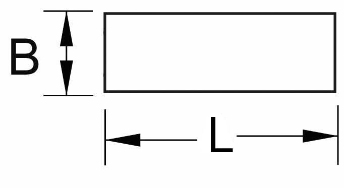 Diagramm eines Rechtecks mit den Maßen B für Breite und L für Länge. Breite und Länge sind mit Pfeilen und Linien markiert.