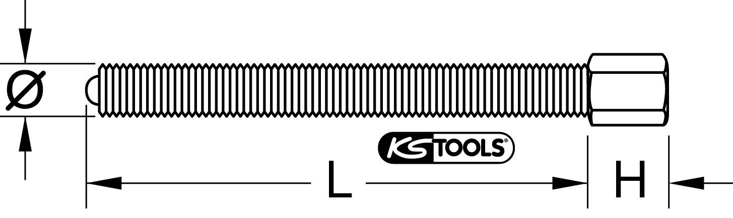 Technische Zeichnung einer Gewindestange mit Maßen: Durchmesser (Ø), Länge (L) und Höhe (H) des Sechskantkopfs. Marke: KS Tools.