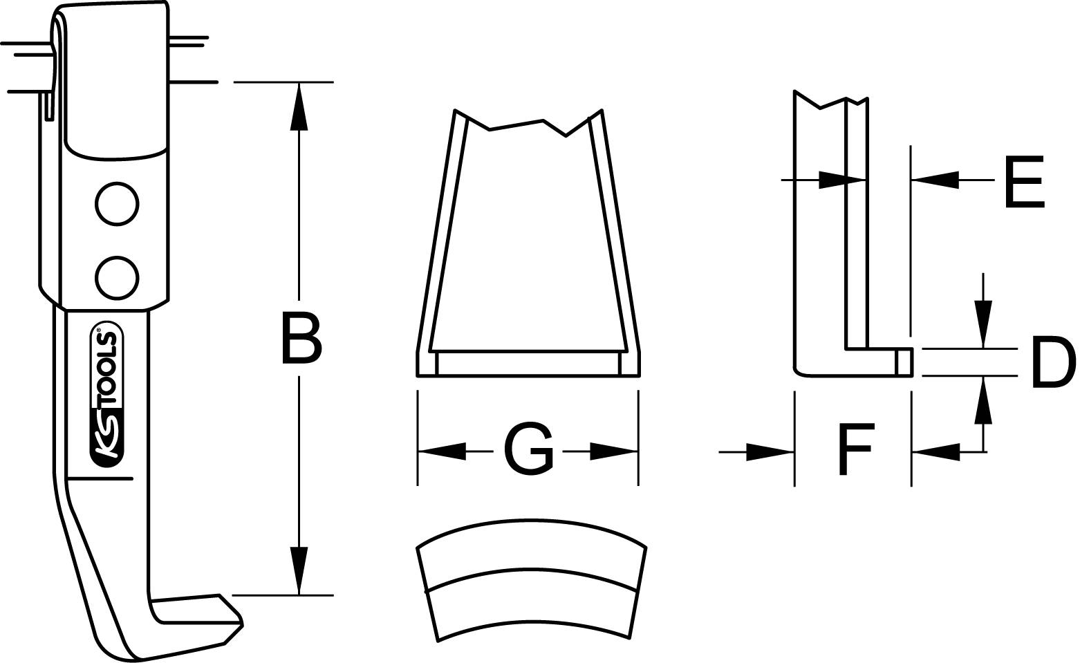 Entwurf einer festsitzenden Bremssattel-Kolbenzange mit Abmessungen: B, D, E, F, G. Werkzeugdarstellung zeigt Profil- und Seitenansicht.