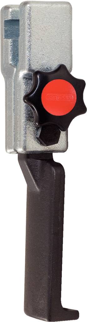 Metall-Schraubzwinge mit schwarzem Griff und rotem Knopf zur Feinjustierung, geeignet für Holz- oder Metallarbeiten.