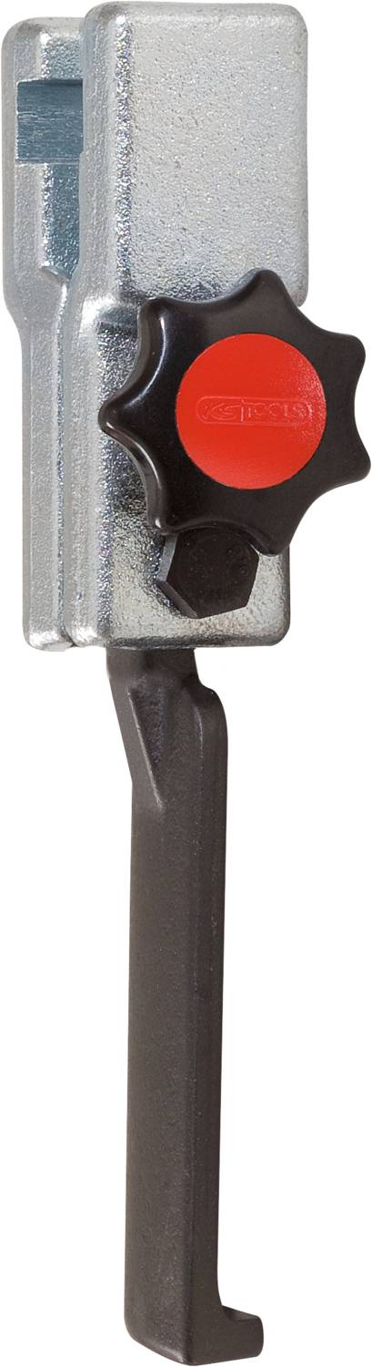 Ein silberfarbener Metallschalter mit einem roten Drehknopf und einem schwarzen Hebel. Der Schalter dient zur Verriegelung oder Freigabe.