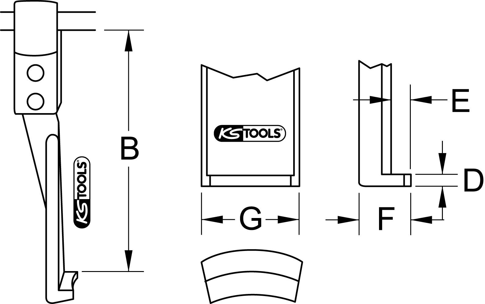 Technische Zeichnung eines Werkzeugs von KS Tools mit Abmessungen: B, G, F, E und D dargestellt. Hauptstruktur seitlich und frontal gezeigt.
