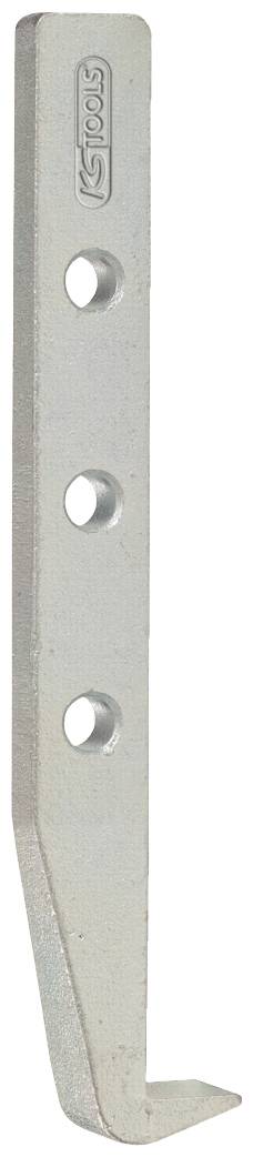 Metallhaken mit drei Löchern, rechteckige Form, leicht gebogenes Ende.