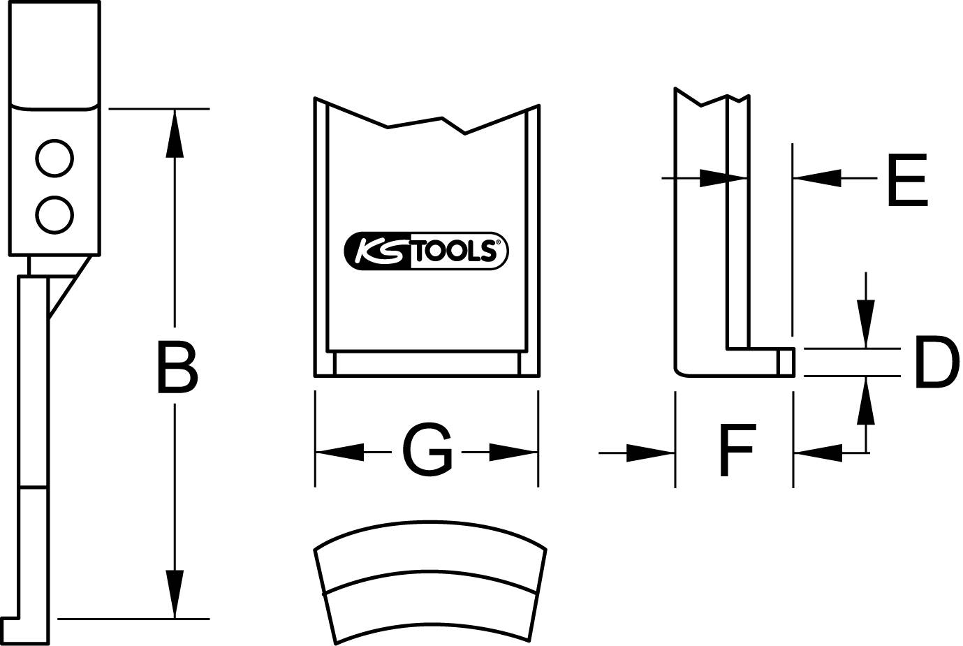 'Technische Zeichnung eines Werkzeugs mit Kennzeichnung der Maße B, E, D, G und F. 'KS TOOLS' Logo in der Mitte. Seiten- und Vorderansicht.'