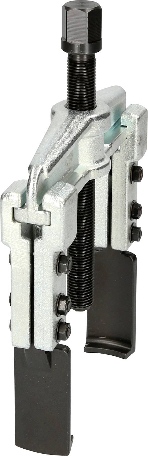 Werkzeug mit zwei einstellbaren Klemmen und einer Gewindestange, verwendet zum Abziehen von Lagern oder Zahnrädern in mechanischen Anwendungen.