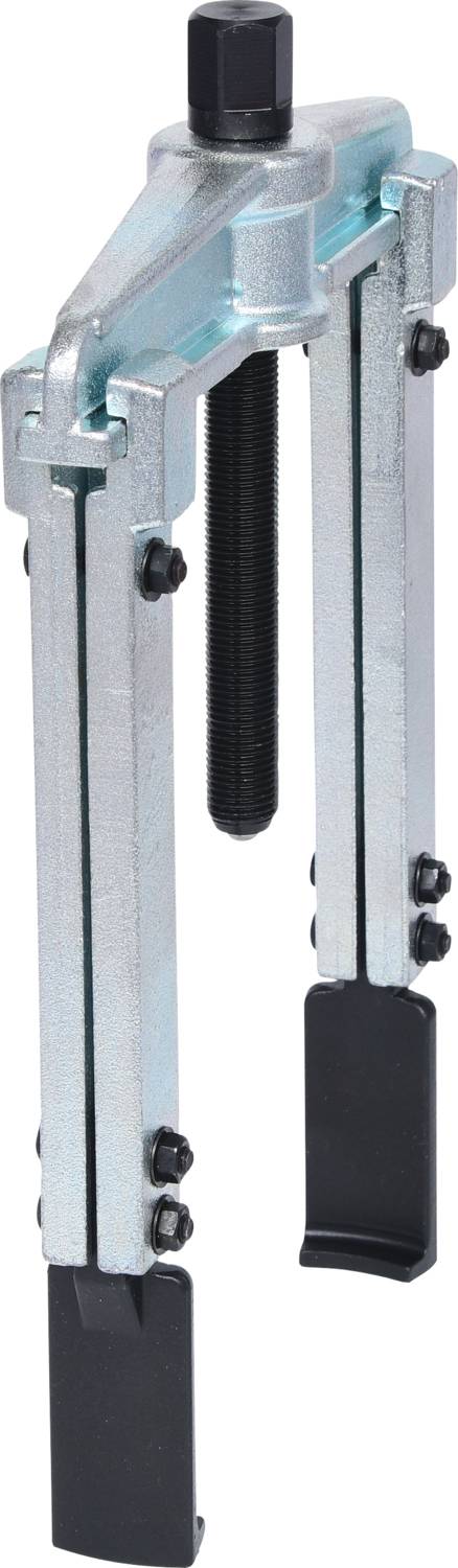 Metallischer, zweibeiniger Abzieher mit schwarzem Griff und Schraube oben zur Anwendung im Maschinenbau oder für Reparaturarbeiten.