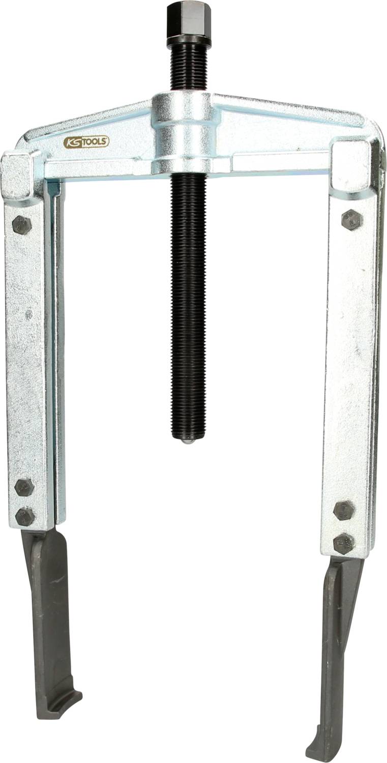 Zweibeiniger Abzieher aus Metall mit zentraler Schraube, verwendet zum Entfernen von Lagern oder Zahnrädern von Wellen.