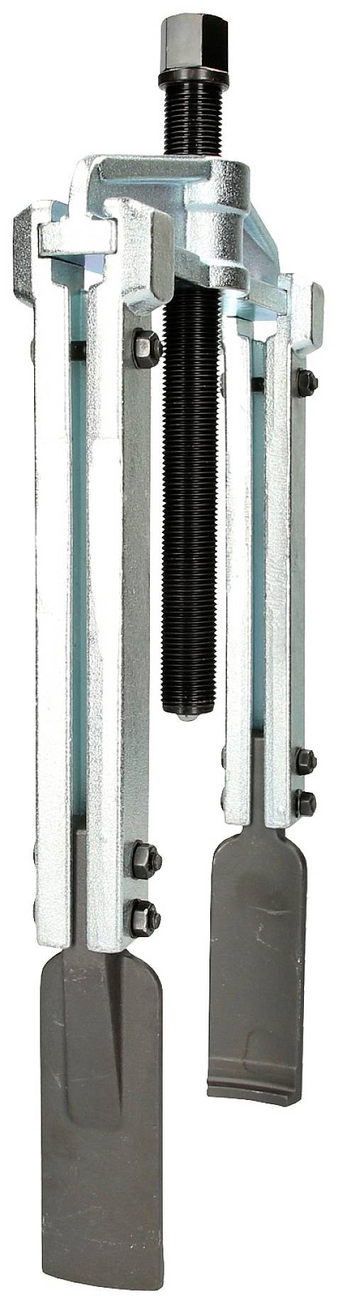 Ein dreibeiniger Abzieher aus Metall, genutzt zum Entfernen von Lagern oder Zahnrädern, mit einstellbaren Armen und einer zentralen Schraube.
