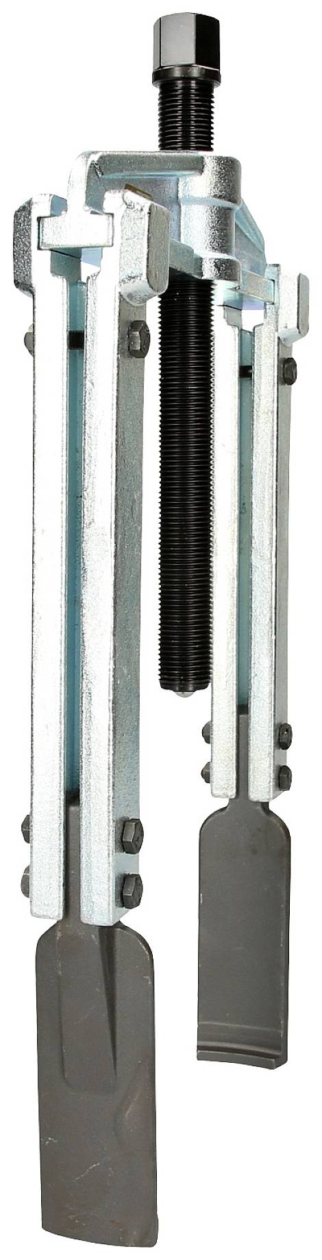 Ein dreibeiniger mechanischer Abzieher mit verstellbaren Backen und einer zentralen Schraube, verwendet zum Entfernen von Lagern oder Zahnrädern.