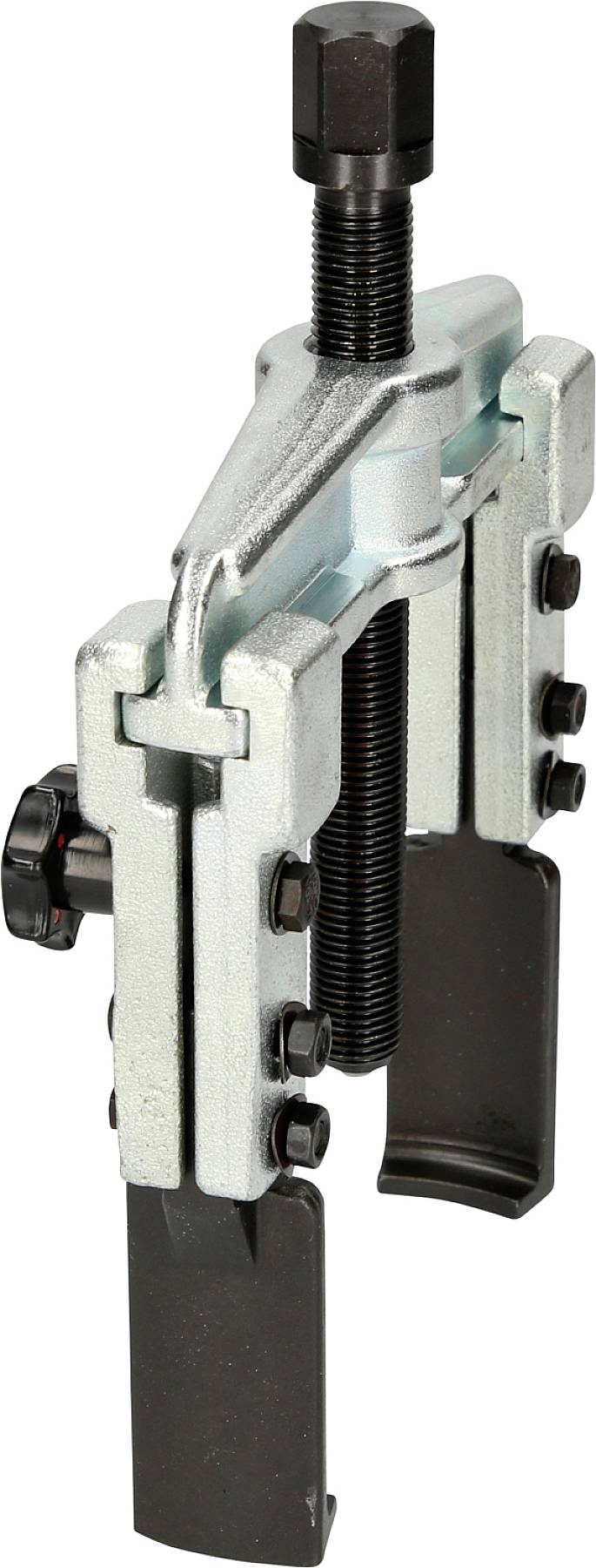 Zweibeiniger Abzieher aus Metall mit Schraubmechanismus zum Entfernen festsitzender Teile, wie Zahnräder oder Lager von Wellen.