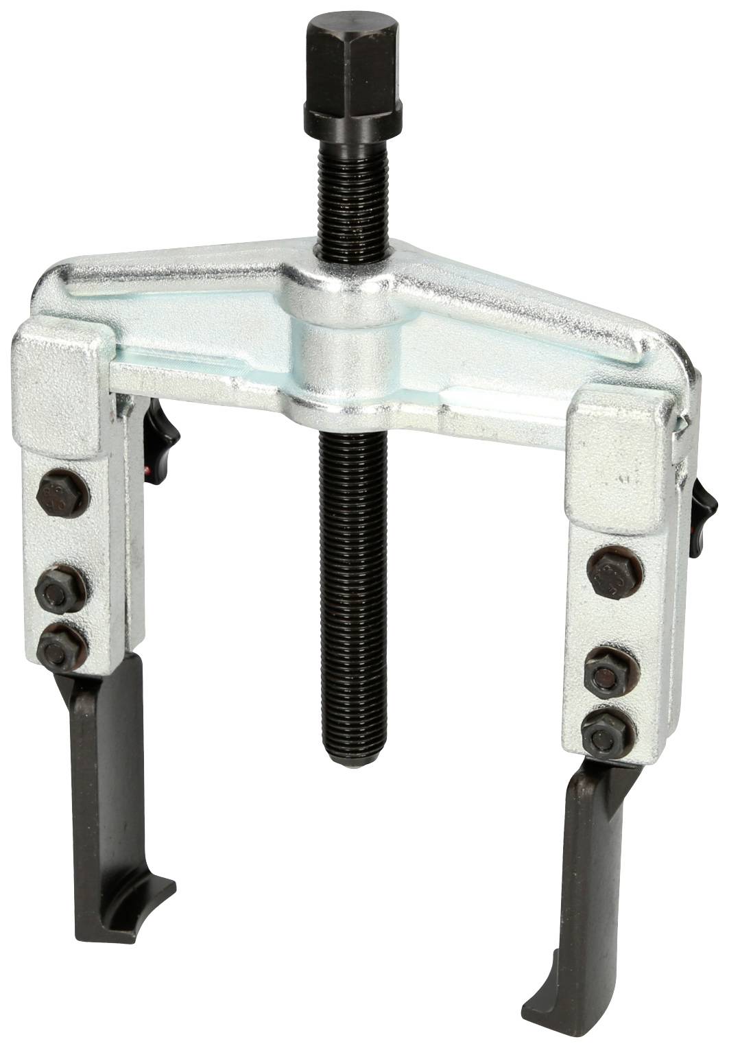 Ein mechanischer Abzieher mit zwei Armen und einer zentralen Schraube, zum Entfernen von Lagern, Zahnrädern oder anderen Maschinenteilen.