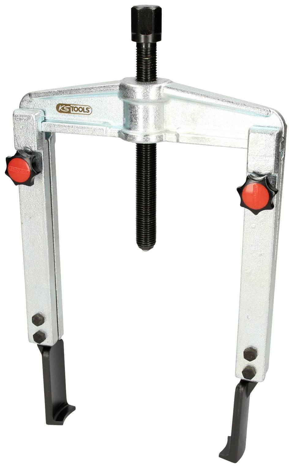 Ein Zwei-Arm-Abzieher mit Metallrahmen, schwarzen Haken und roten Schraubenköpfen, verwendet zum Lösen von fest sitzenden Teilen.