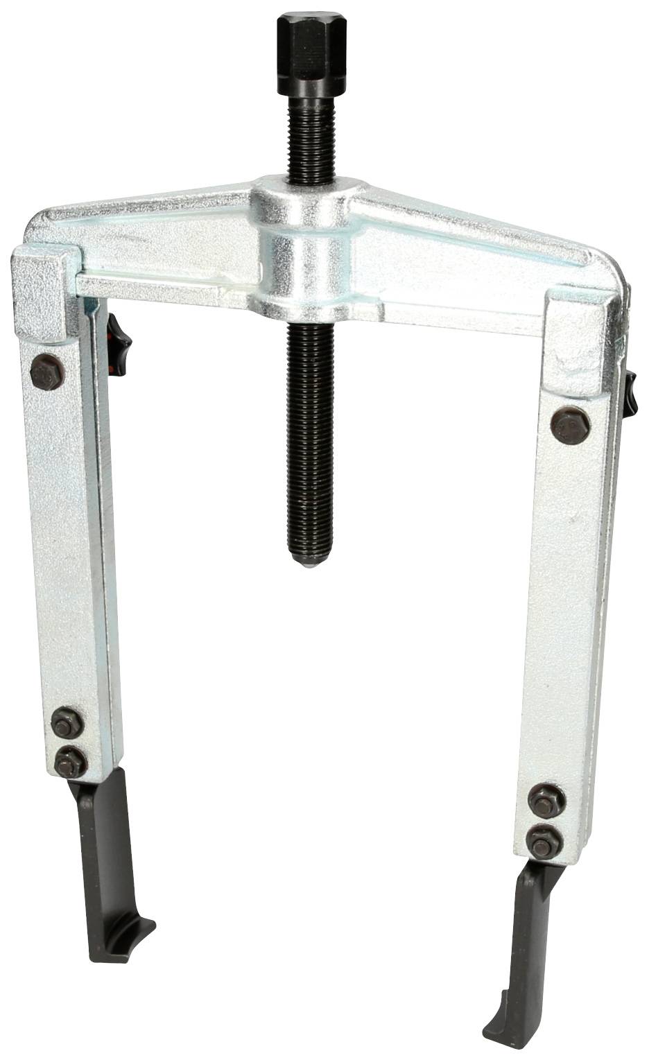 Zweibeiniger Abzieher mit Spindel und Greifarmen aus Metall. Werkzeug zum Lösen festsitzender Teile von Wellen oder Achsen.