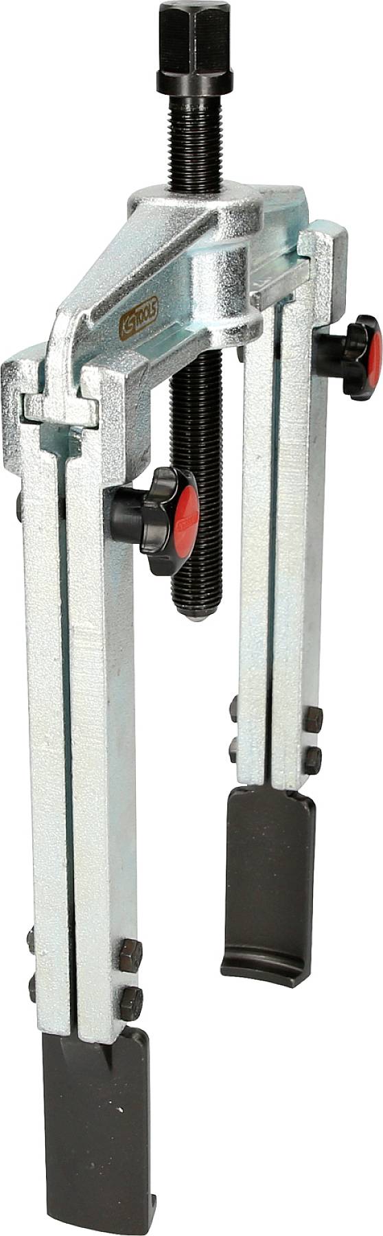 Zweibeiniger Abzieher mit Schraubmechanismus, Metallkonstruktion mit schwarzem Griff an der Oberseite, geeignet zum Lösen fester Teile.