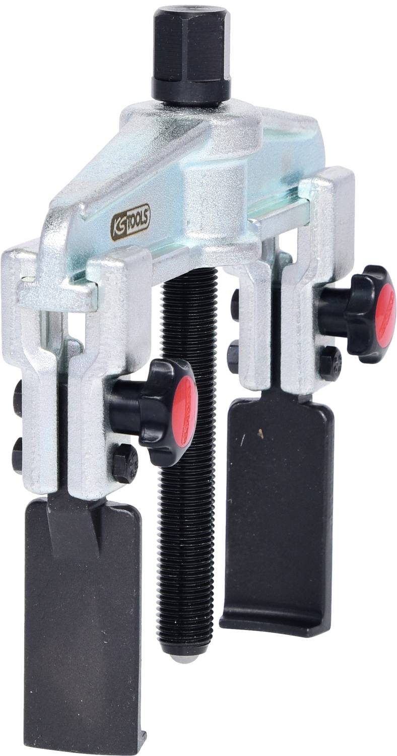 Ein mechanischer Abzieher mit einer zentralen Schraube und zwei Haken, die auf eine Welle ausgerichtet sind, zur Demontage von Lagern.