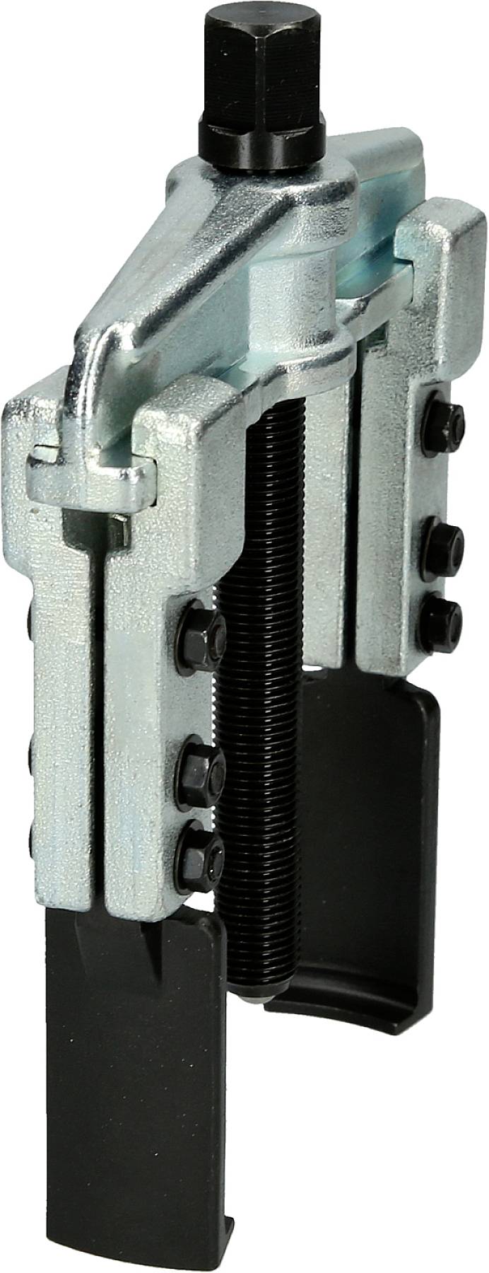 Ein mechanischer Abzieher, der zum Entfernen festsitzender Teile wie Zahnräder oder Lager verwendet wird, mit robustem Metallgehäuse.