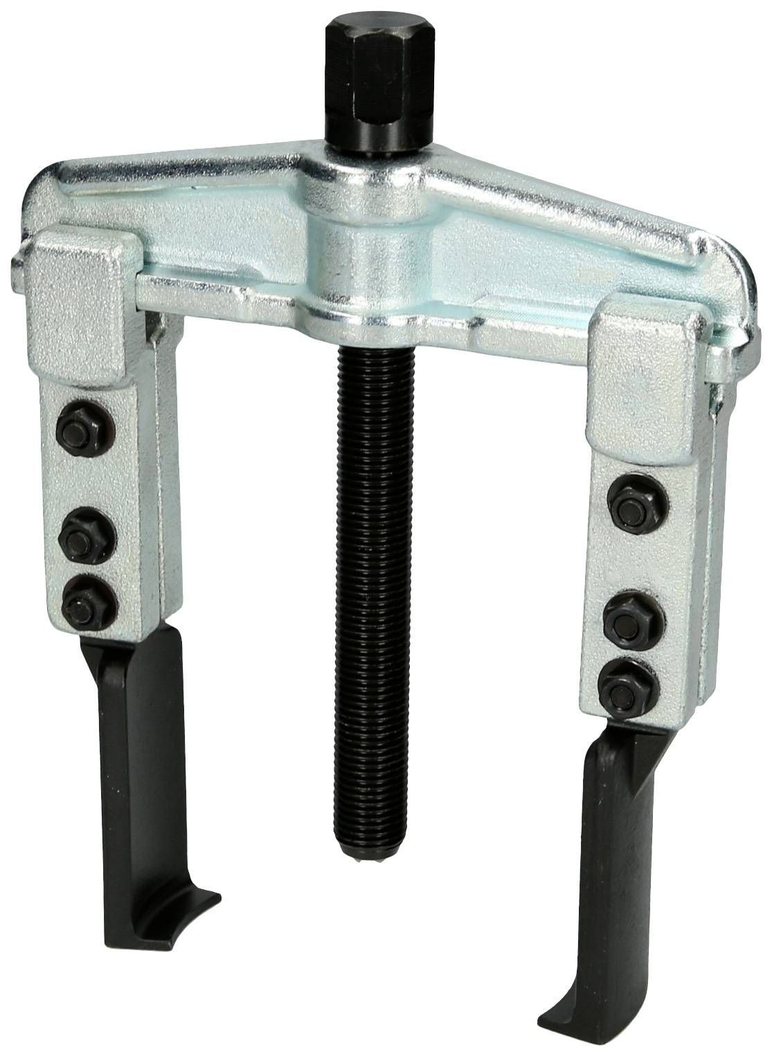 Zweibeiniger Abzieher mit zwei Metallarmen und zentraler Schraube, zum Entfernen von Lagern oder Zahnrädern von Wellen.