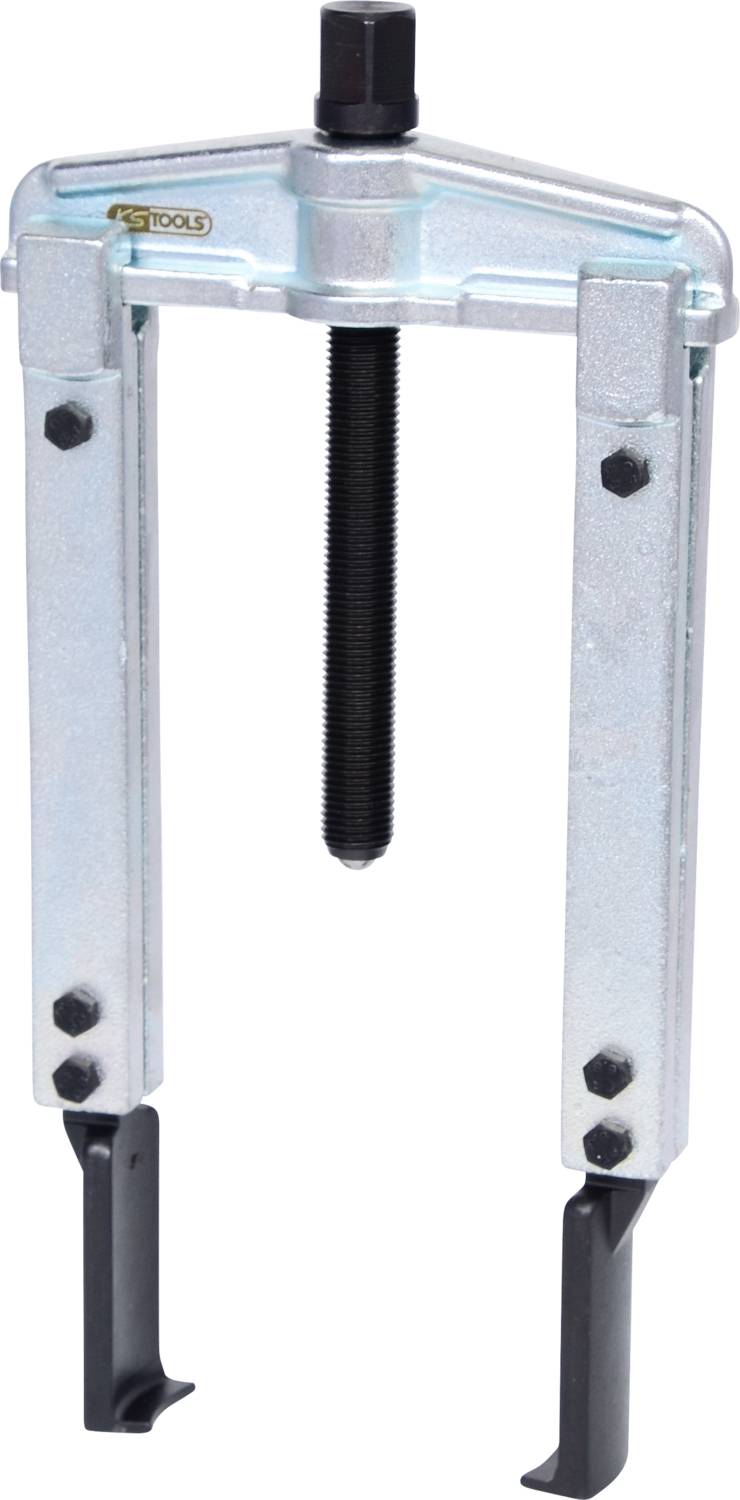 Zweiarmiger Abzieher aus Metall mit zentraler Schraube zum Lösen von fest sitzenden Teilen, z. B. auf Wellen oder Achsen.