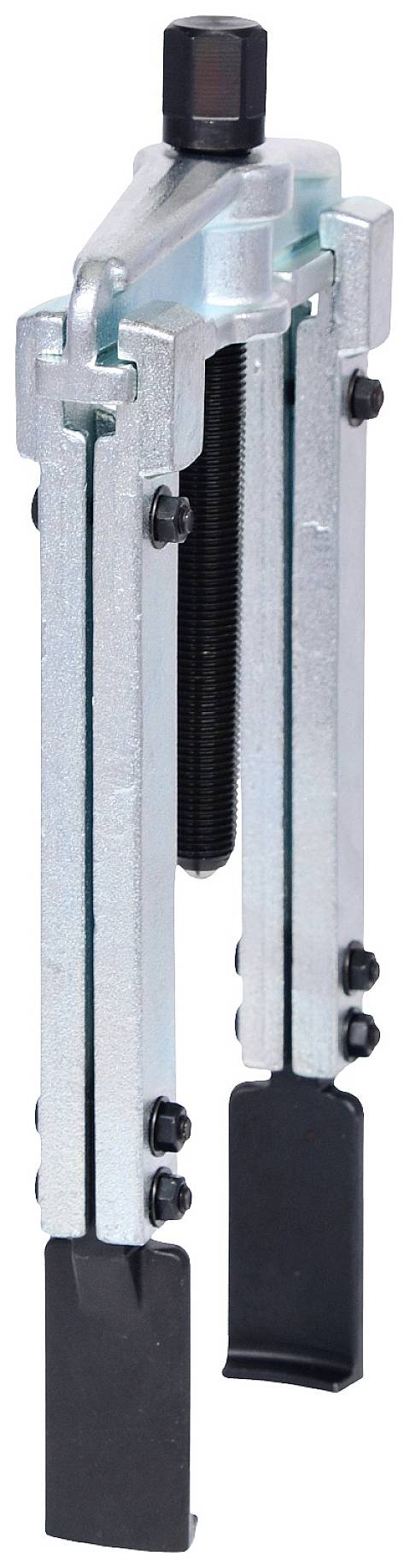 Zweibeiniger Abzieher aus Metall, mit schwarzer Schraube oben und zwei Schenkeln mit Schutzkappen unten. Wird für das Entfernen von Lagern oder Zahnrädern genutzt.