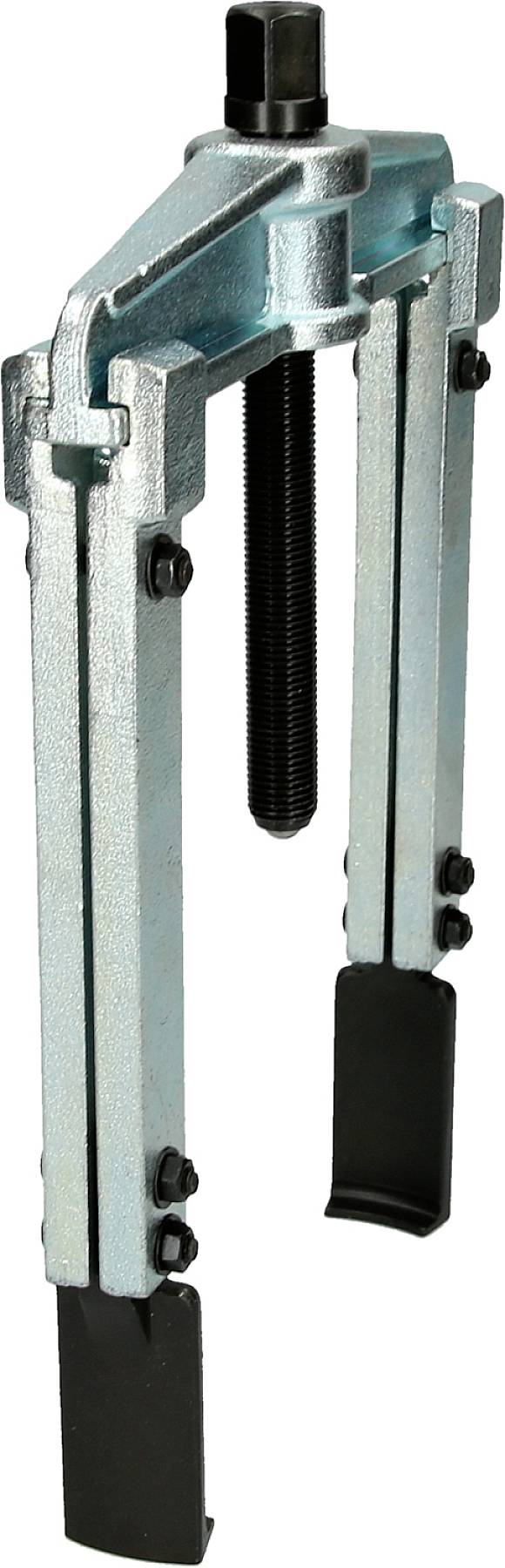 Ein zweibeiniger Metallabzieher mit verstellbaren Armen und schwarzer Schraube, verwendet zum Entfernen von Lagern oder Zahnrädern von Wellen.