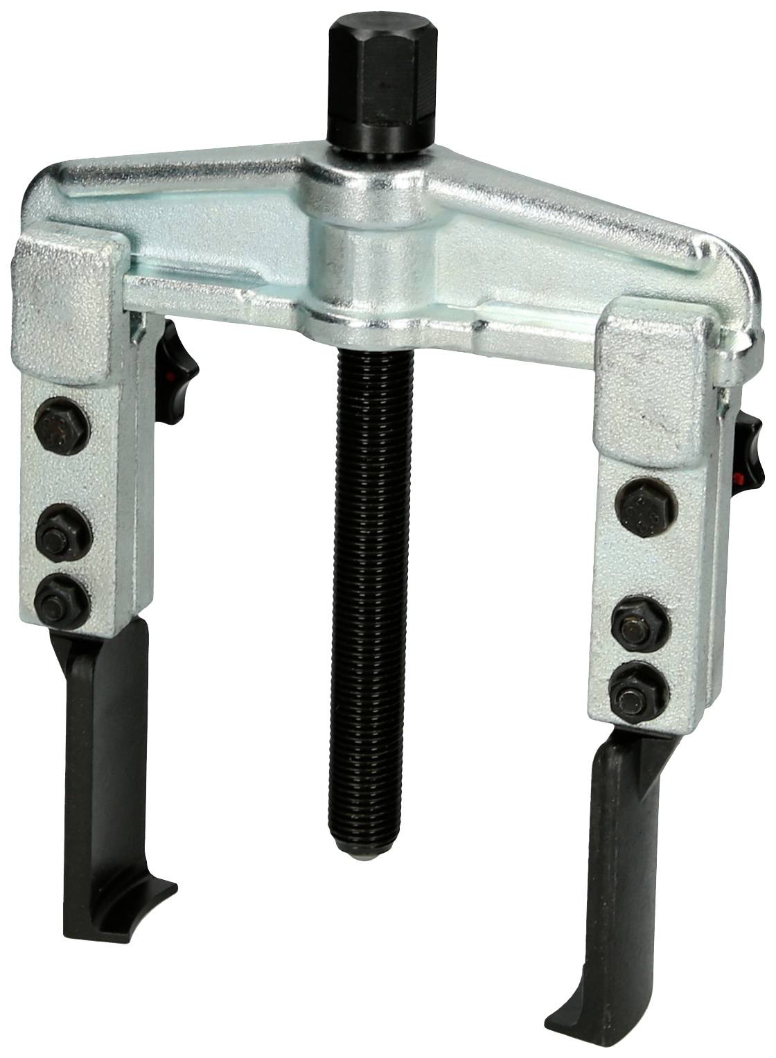 Ein mechanischer Abzieher mit drei Armen, schwarzer Schraube und silbernem Gehäuse, verwendet zum Lösen festsitzender Teile.