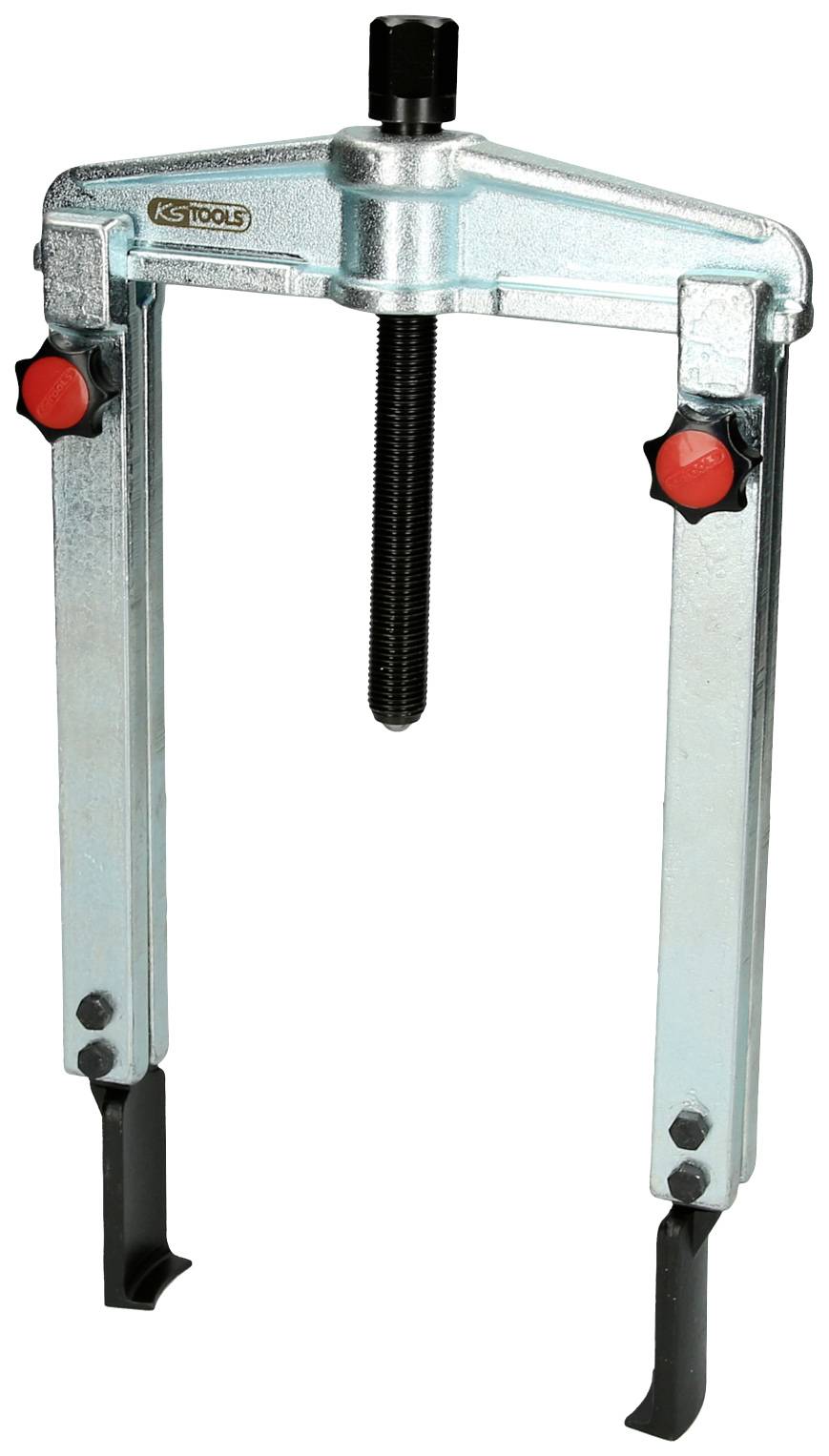 Ein Zweiarm-Abzieher aus Metall mit einem zentralen Gewindebolzen und roten Drehknöpfen, geeignet zum Entfernen von Lagern oder Zahnrädern.