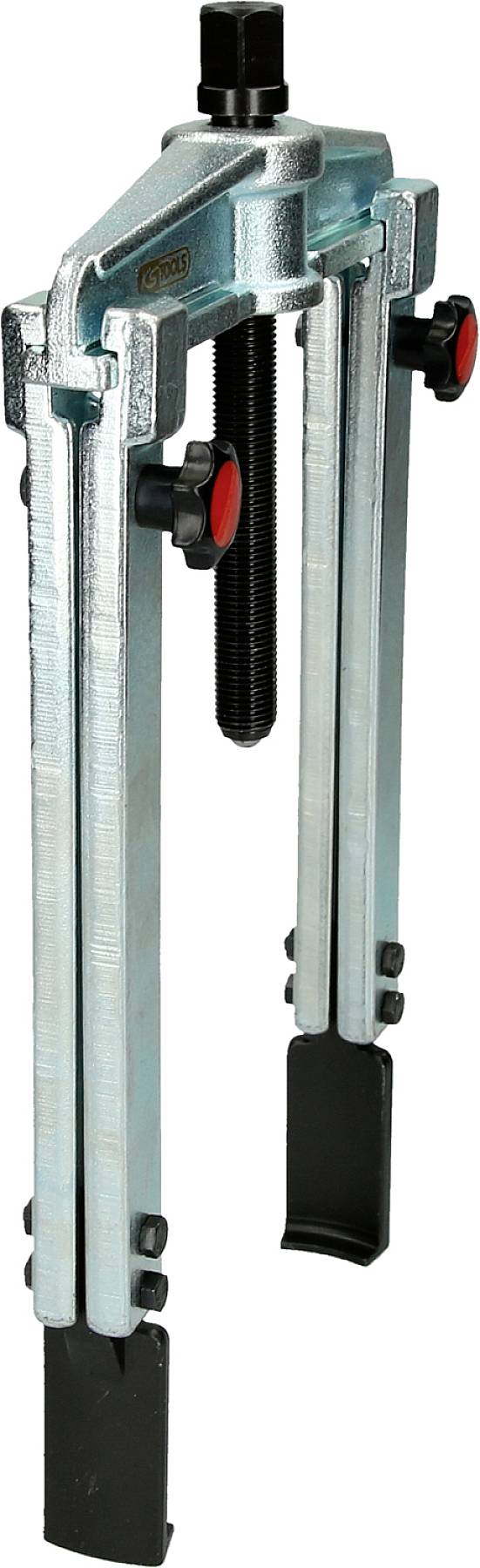 Metallziehgerät mit drei Armen, einstellbarer Schraube oben und roten Drehknöpfen an den Seiten, verwendet zum Lösen von Lagern oder Zahnrädern.