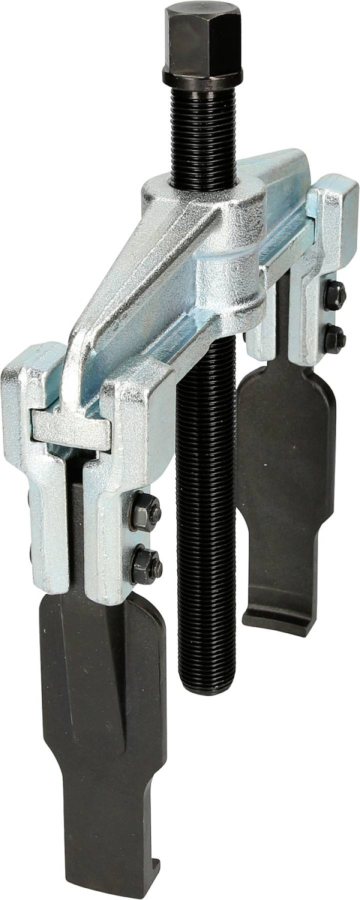 Metallischer Abzieher mit zwei schwarzen Armen und zentraler Schraube. Wird verwendet, um festsitzende Teile zu lösen.