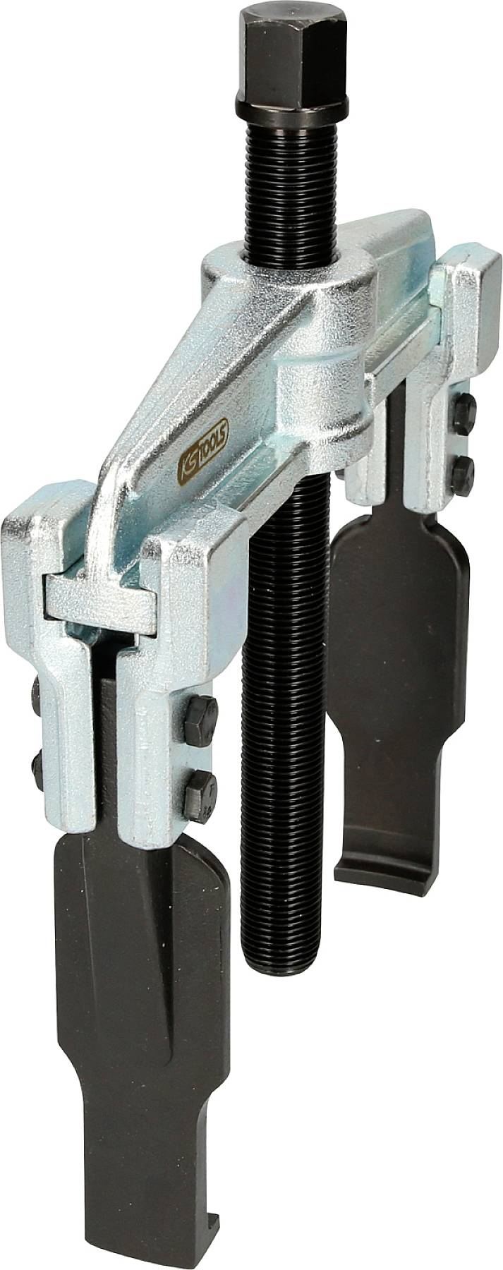 Zweibeiniger Abzieher mit Schraubmechanismus, verwendet zum Entfernen von Lagern oder Zahnrädern. Metallische Struktur mit schwarzem Griff.