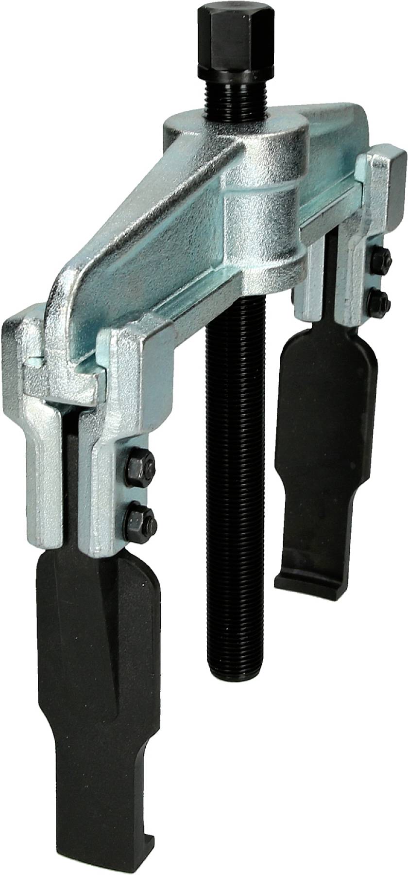 Ein metallischer Abzieher mit zwei schwarzen Greifarmen und einer zentralen Schraube, die zur Entfernung von Lagern verwendet wird.