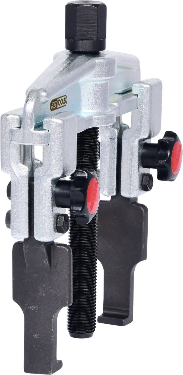 Zweiarmiger Abzieher mit verstellbaren Haken und Schraubmechanismus, geeignet zum Entfernen von Lagern oder Zahnrädern.