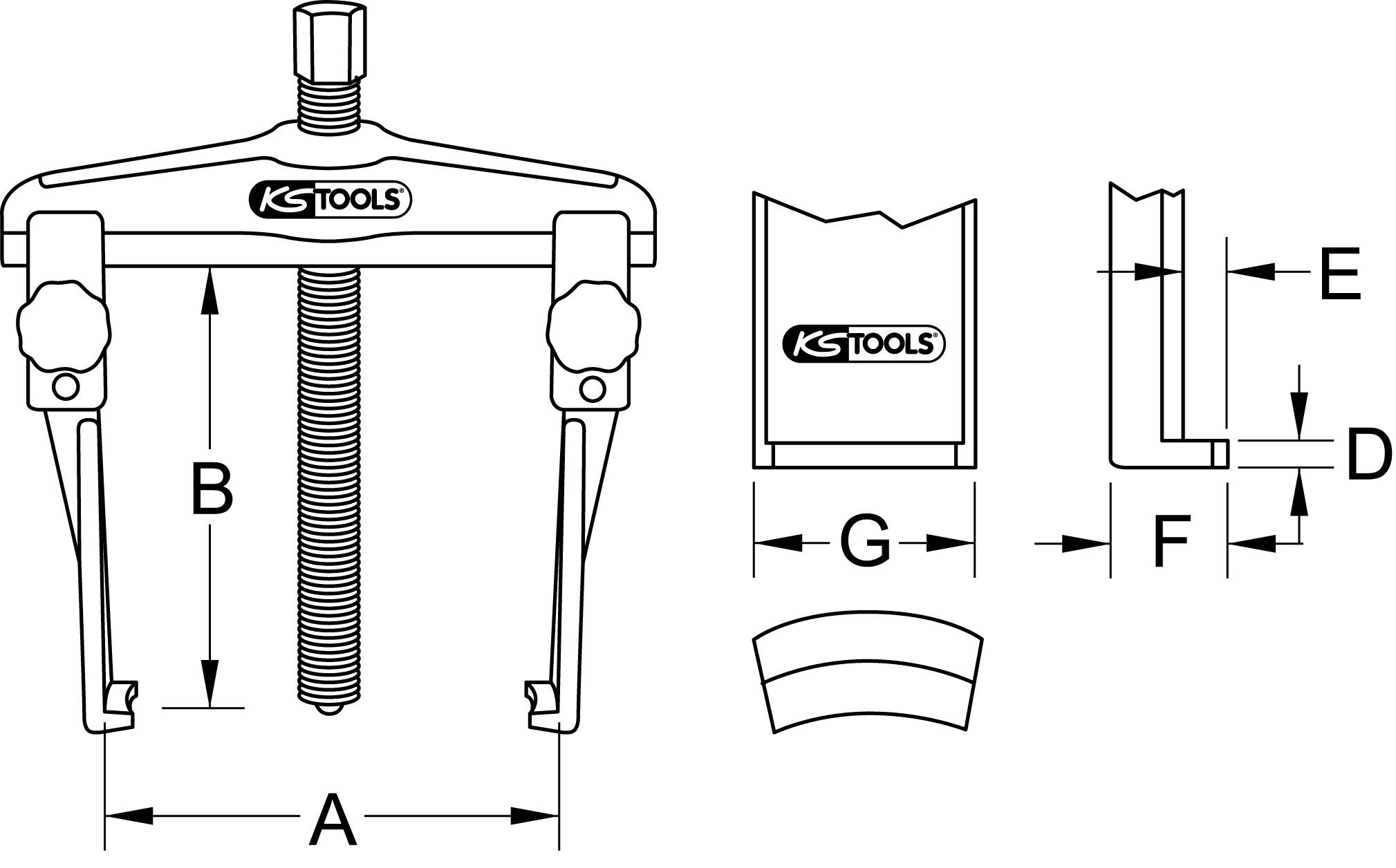 Diagramm einer Abziehvorrichtung mit Maßen: A bis F in mm. Zeigt Vorderansicht und Seitenprofil, wichtig für mechanische Arbeiten.