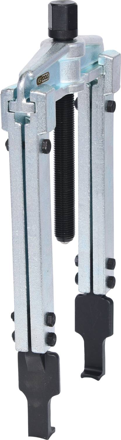 Metallischer Abzieher mit zwei Armen und Schraubmechanismus zum Entfernen festsitzender Teile von Achsen oder Rotationskomponenten.
